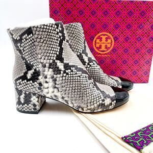 Tory Burch Shelby Boots Snake Print Patent Leather Cap‎ Toe Block Heel Sz 7